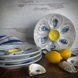 Hand Painted Blue and White Porcelain Oyster Plate Coastal Decor Oysters on the Half Shell by Artist Kristine Kainer