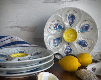 Hand Painted Blue and White Porcelain Oyster Plate Coastal Decor Oysters on the Half Shell by Artist Kristine Kainer