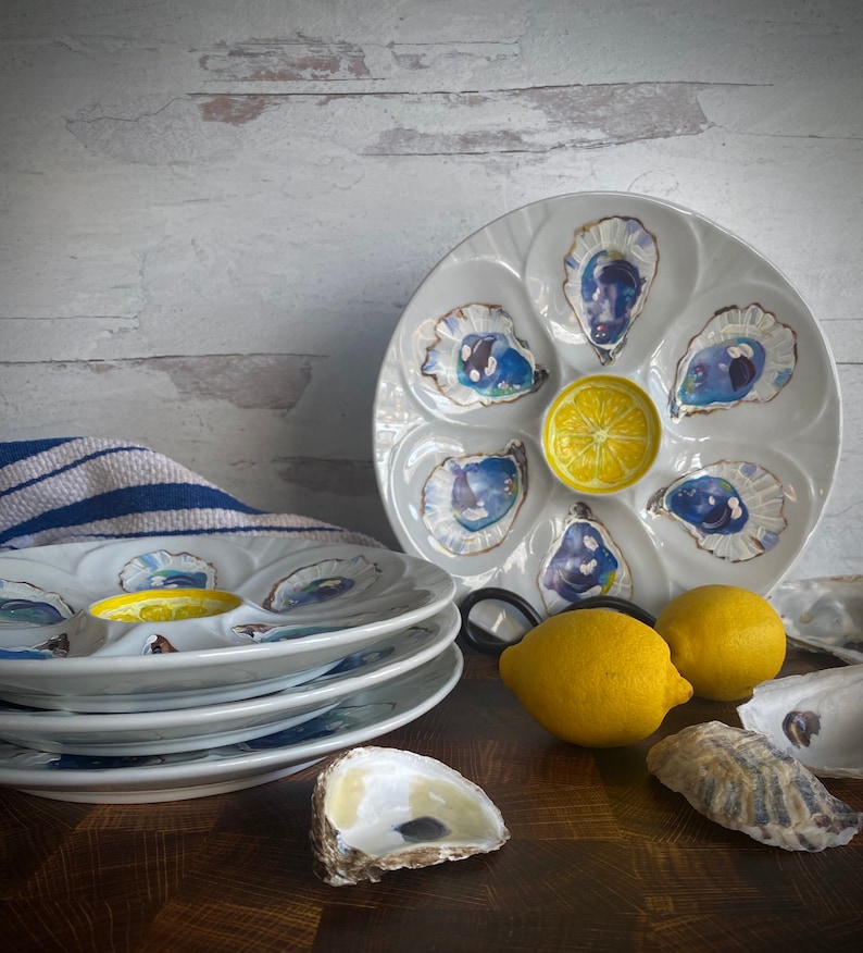 Hand Painted Blue and White Porcelain Oyster Plate Coastal Decor Oysters on the Half Shell by Artist Kristine Kainer