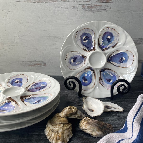 Hand Painted Blue and White Porcelain Oyster Plate Functional Art Coastal Decor Oysters on the Half Shell by Artist Kristine Kainer