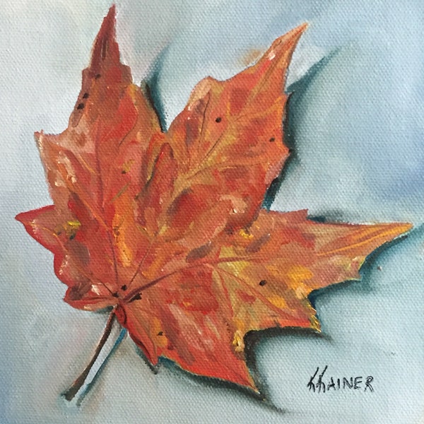 Autumn Maple Leaf ORIGINAL Oil Daily Painting a Day  6x6 by Kristine Kainer