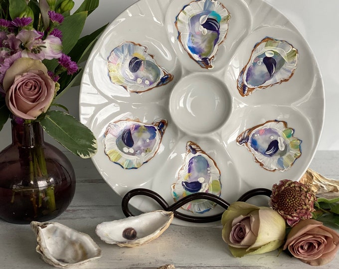 Hand Painted Porcelain Oyster Plate, Coastal Decor by Kristine Kainer