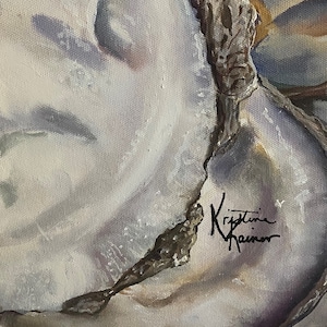 May include: A close-up of a white oyster shell with a brown, textured edge. The shell has a subtle purple hue and a signature that reads "Kristine Rainer".