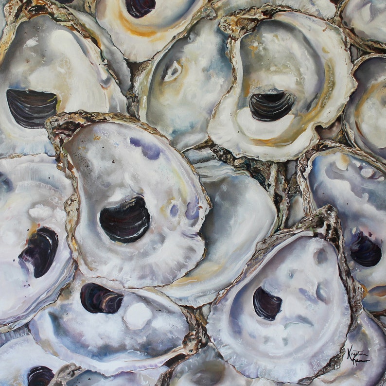 May include: A close-up of a group of oyster shells with a pearly white and gray color. The shells are arranged in a random pattern, creating a textured and organic look.
