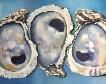 Oyster Shells on Blue Coastal Art ORIGINAL Oil painting 36x24 by Kristine Kainer
