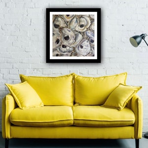 May include: A close-up image of a group of oyster shells. The shells are a mix of white, gray, and blue, with some showing the dark interior of the oyster. The shells are arranged in a random pattern, creating a visually interesting texture.