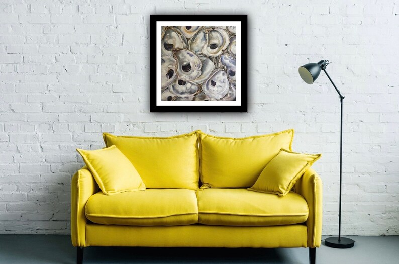 May include: A close-up image of a group of oyster shells. The shells are a mix of white, gray, and blue, with some showing the dark interior of the oyster. The shells are arranged in a random pattern, creating a visually interesting texture.