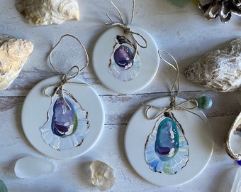 Hand Painted Oyster Shell Ornament, Coastal Christmas Decor