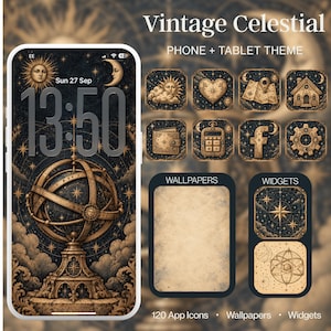 May include: A digital phone and tablet theme titled Vintage Celestial featuring a dark navy and gold colour palette. The display shows an armillary sphere wallpaper, a collection of square app icons with celestial motifs, and two widget designs.