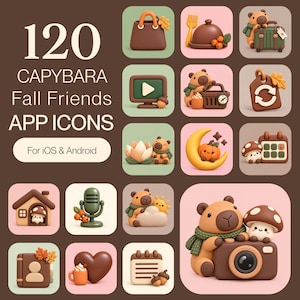 Könnte beinhalten: Eine Sammlung von 120 Capybara Fall Friends App-Icons für iOS und Android mit 3D-Illustrationen von Capybaras, Pilzen, Kürbissen und herbstlichen Motiven in einer Farbpalette aus warmem Braun, Grün und sanftem Rosa.