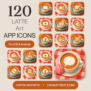 May include: A digital collection of 120 latte art app icons for iOS and Android, featuring various white symbols on coffee foam in white cups on red checkered backgrounds, including a pink macaron next to one large cup icon.