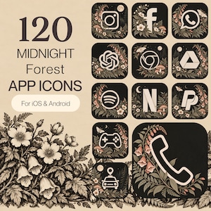 Può includere: Una collezione di 120 icone app Midnight Forest per iOS e Android, con icone quadrate nere e loghi bianchi circondati da illustrazioni botaniche di fiori, felci, funghi e falene su uno sfondo color beige.