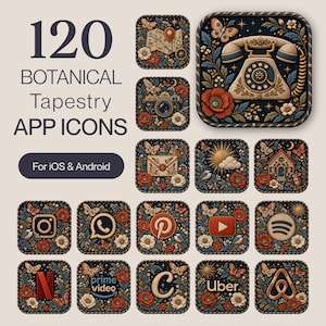 May include: A collection of 120 botanical tapestry app icons for iOS and Android, featuring dark blue square backgrounds with intricate floral, butterfly, and star patterns. Icons include a rotary phone, camera, map, envelope, house, and various social media logos.