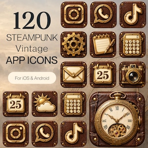 Könnte beinhalten: Eine Sammlung von 120 digitalen App-Symbolen mit einem braunen, ledertexturierten Hintergrund und metallischen Goldakzenten. Die Symbole zeigen verschiedene Motive wie eine Kamera, einen Taschenrechner, eine Uhr, einen Kalender und Logos.