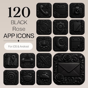 May include: A collection of 120 black rose app icons for iOS and Android, featuring square icons with embossed floral borders and various symbols including a telephone, camera, calendar, clock, gear, notebook, lotus, moon, map, dumbbell, and envelope.