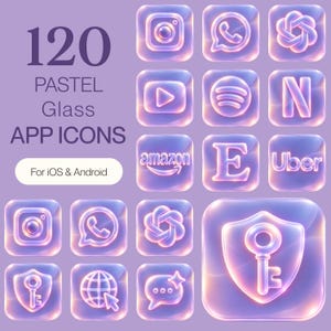 Può includere: Una collezione di 120 icone app in vetro pastello per iOS e Android, su sfondo viola chiaro con il testo 120 PASTEL Glass APP ICONS. Le icone mostrano vari loghi di social media e utilità in uno stile traslucido e lucido.