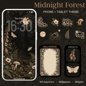 以下が含まれることがあります： Midnight Forestのスマートフォンおよびタブレット用デジタルテーマセット。キノコ、シダ、蛾が描かれたダークな植物柄の壁紙。120個のアプリ用アイコン、壁紙、ウィジェットが含まれ、花や昆虫のクリーム色とダークブラウンのイラストが特徴です。