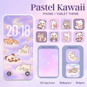 Puede incluir: Un conjunto de temas digitales titulado Pastel Kawaii Phone + Tablet Theme que incluye una pantalla de smartphone con fondo de nubes moradas, 120 iconos de aplicaciones con ilustraciones de animales, dos plantillas de fondo y dos widgets.