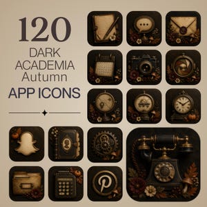 Peut inclure: Un ensemble de 120 icônes d'applications sur le thème automne dark academia, présentant des illustrations vintage comme un carnet, un appareil photo, une horloge et un téléphone à cadran, avec le texte 120 DARK ACADEMIA Autumn APP ICONS.