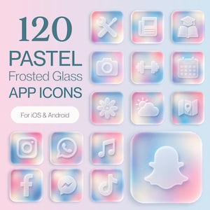 Może przedstawiać: Zestaw 120 pastelowych ikon aplikacji z efektem matowego szkła na systemy iOS i Android. Komplet zawiera kwadratowe ikony z zaokrąglonymi rogami, przedstawiające różne symbole, takie jak aparat, hantle oraz logotypy mediów społecznościowych.