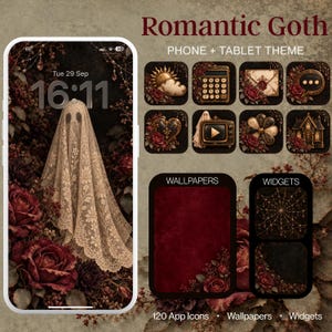 Pode incluir: Um conjunto de temas para telemóvel e tablet intitulado Romantic Goth, apresentando um ecrã de smartphone com um papel de parede de fantasma coberto de renda, rosas vermelhas escuras e uma coleção de ícones de aplicações, papéis de parede e widgets.