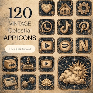 Puede incluir: Una colección de 120 iconos de aplicaciones celestiales vintage para iOS y Android, con diseños de estrellas en azul oscuro y dorado. Los iconos muestran varios símbolos, incluyendo un corazón, casa, engranaje, logos y un sol.