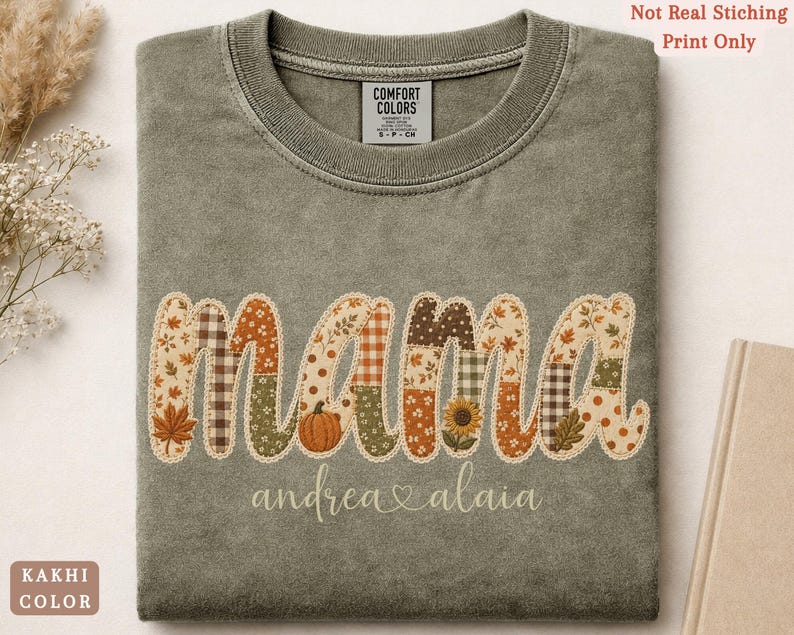 Personalized Mama Comfort Colors shirt with custom kids names, fall patchwork letters, pumpkins, florals, and faux embroidery effect in warm autumn tones on a khaki tee.