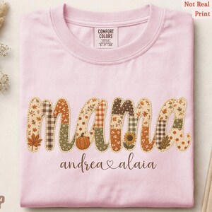 Personalized Mama Comfort Colors shirt with custom kids names, fall patchwork letters, pumpkins, florals, and faux embroidery effect in warm autumn tones on a blosoom tee.