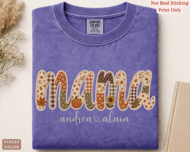Personalized Mama Comfort Colors shirt with custom kids names, fall patchwork letters, pumpkins, florals, and faux embroidery effect in warm autumn tones on a violet tee.
