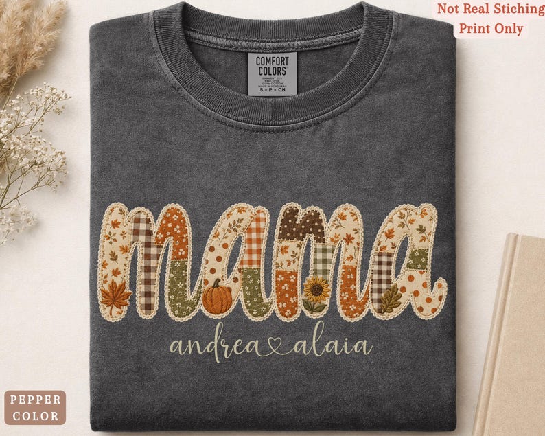 Personalized Mama Comfort Colors shirt with custom kids names, fall patchwork letters, pumpkins, florals, and faux embroidery effect in warm autumn tones on an pepper tee.
