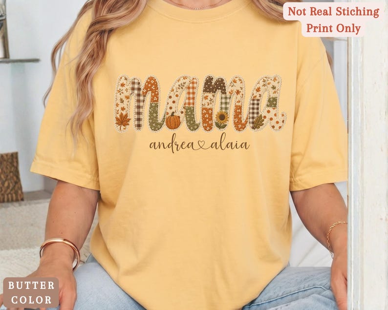 Personalized Mama Comfort Colors shirt with custom kids names, fall patchwork letters, pumpkins, florals, and faux embroidery effect in warm autumn tones on a butter tee.