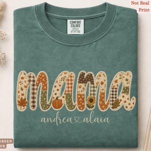 Personalized Mama Comfort Colors shirt with custom kids names, fall patchwork letters, pumpkins, florals, and faux embroidery effect in warm autumn tones on a light green tee.