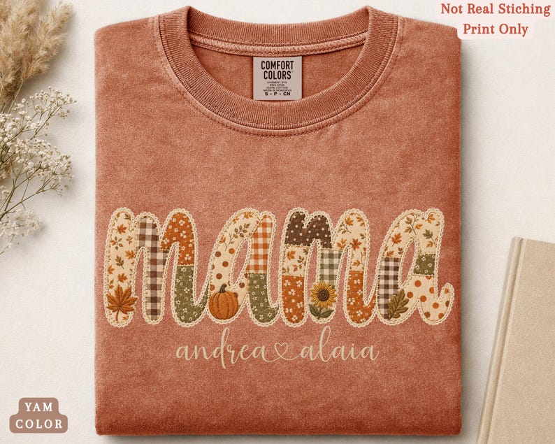 Personalized Mama Comfort Colors shirt with custom kids names, fall patchwork letters, pumpkins, florals, and faux embroidery effect in warm autumn tones on a yam tee.