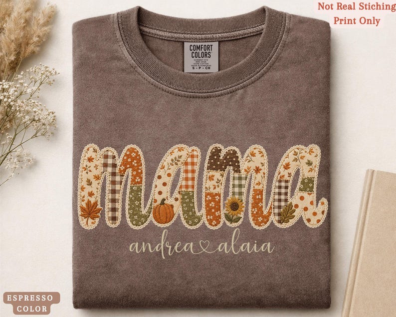 Personalized Mama Comfort Colors shirt with custom kids names, fall patchwork letters, pumpkins, florals, and faux embroidery effect in warm autumn tones on an espresso tee.