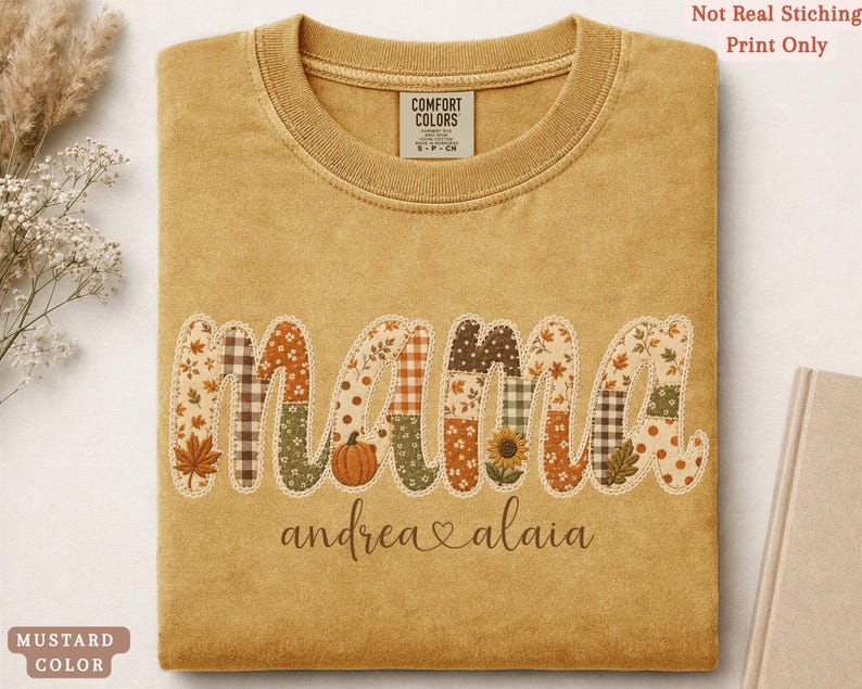 Personalized Mama Comfort Colors shirt with custom kids names, fall patchwork letters, pumpkins, florals, and faux embroidery effect in warm autumn tones on a mustard tee.