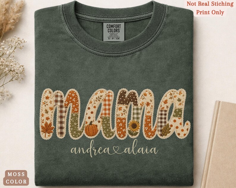 Personalized Mama Comfort Colors shirt with custom kids names, fall patchwork letters, pumpkins, florals, and faux embroidery effect in warm autumn tones on an moss tee.
