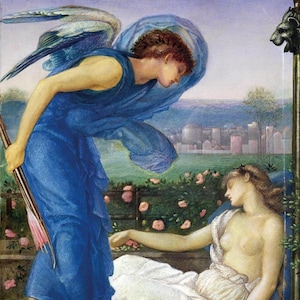 May include: A painting depicting a winged figure in a blue robe standing over a reclining woman in a white dress. The woman is lying on a stone ledge with a cityscape in the background. The winged figure is holding a spear and appears to be looking down at the woman.