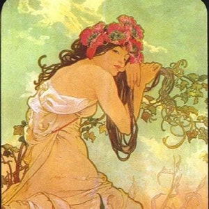 May include: A woman with long brown hair wears a white dress and a crown of red flowers. She sits on a rock with green plants growing around her. The background is a soft yellow and green.