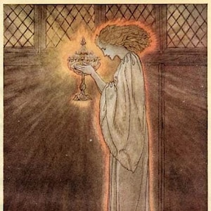 May include: A woman in a white robe holds a golden chalice with a flame emanating from it. The woman's feet are surrounded by flames.