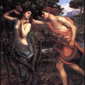 May include: A classical painting depicts two figures in a natural setting. A woman in a flowing blue gown stands near a tree, while a man in a red garment approaches, holding a lyre. The artwork evokes a sense of classical mythology.