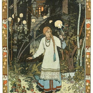 Puede incluir: Ilustración vintage de una mujer con un vestido blanco y una larga trenza, sosteniendo un bastón con una calavera brillante. El fondo presenta un bosque, calaveras y un edificio con una ventana iluminada. La obra tiene una estética de cuento de hadas.