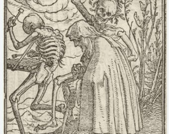 May include: A black and white woodcut print depicting Death as a skeletal figure with a scythe, standing next to an elderly woman. The woman is wearing a long robe and holding a staff. The print is set against a background of clouds and foliage.