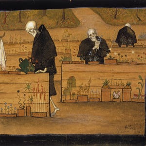 May include: An illustration depicts three skeletal figures in black cloaks tending a garden. One waters plants with a green watering can. The garden features wooden planters with various plants and flowers. The artwork has a vintage, whimsical style.