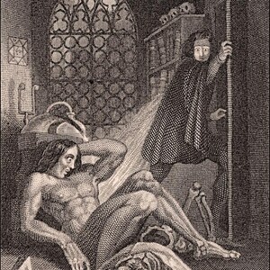 Puede incluir: Un grabado antiguo en blanco y negro representa una escena gótica con dos figuras. Una figura está reclinada, mientras que otra está de pie sosteniendo un bastón. Una calavera y un libro abierto están en primer plano, con una gran ventana arqueada al fondo.