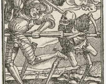 May include: A black and white woodcut print depicting a knight in armour fighting a skeleton. The knight is holding a sword and the skeleton is holding a scythe. An hourglass is in the foreground.