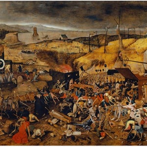May include: A detailed painting depicting a chaotic scene with numerous figures, skeletons, and structures. The artwork features a dark, ominous sky and a landscape with buildings, a body of water, and a burning structure. The overall tone is somber and dramatic.