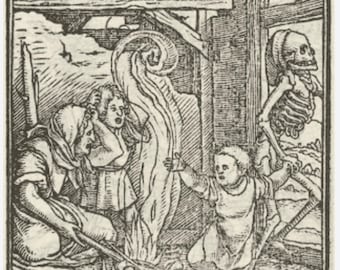 May include: A black and white woodcut print depicting a scene of death. A skeleton stands in the background, while a woman and two children huddle around a fire in a dilapidated building. The print is titled "The Dance of Death".
