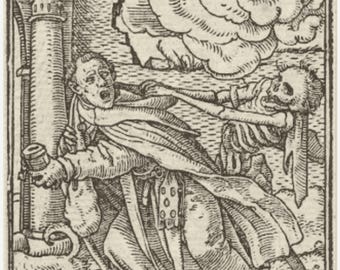 May include: A black and white woodcut print showing a man running away from a skeletal figure. The man is wearing a robe and holding a cup. The skeletal figure is holding a scythe. The background is a cloudy sky.