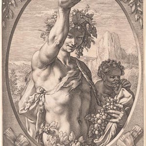 Puede incluir: Un grabado antiguo que representa una escena clásica. Una figura masculina central sostiene un recipiente en alto, adornado con hojas de uva. Una figura más pequeña come uvas. La obra de arte está enmarcada en un óvalo, con elementos decorativos y texto.