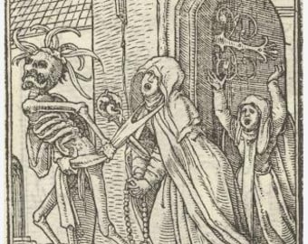 May include: A black and white woodcut print depicting Death as a skeletal figure with a scythe, approaching a woman in a hooded cloak. The woman is holding a rosary and appears to be praying. The scene is set in front of a doorway with a bell above it.